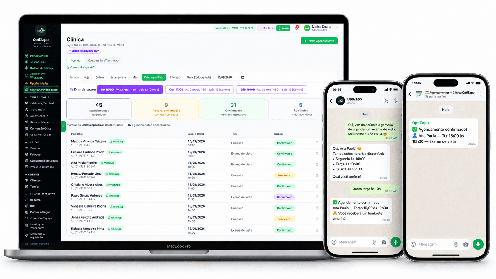 Inteligência Artificial do OptiZapp agendando um exame pelo WhatsApp, avisando o grupo da clínica e lançando o horário na agenda do sistema